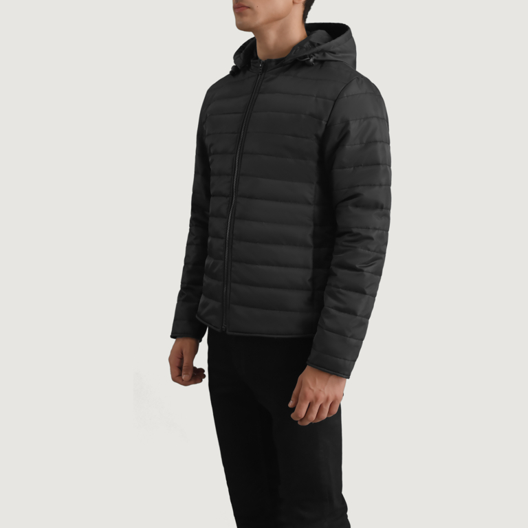 Mens Tyler Black Hooded Puffer Jacket Side Pose-3-1698700796212